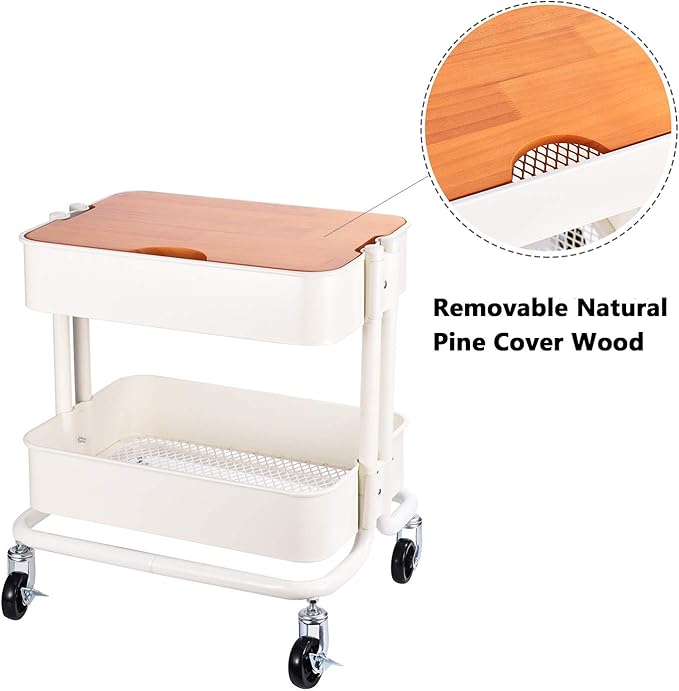 Melody House 2-Tier Metal Utility Rolling Cart Storage Side End Table with Cover Board for Office Home Kitchen Organization, Cream White