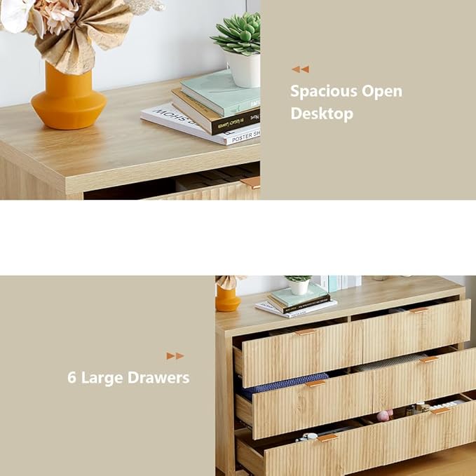 6 Drawer Dresser Cabinet, Long Nightstand with Drawers and Storage Cabinet, Boho Solid Wood Dresser TV Stand, Mid Century Modern Nightstand with 6 Drawer Dresser for Bedroom Closet (Natural)