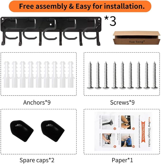 YueTong All Metal Garden Tool Organizer,Adjustable Garage Wall Organizers and Storage,Heavy Duty Wall Mount Holder with Hooks for Broom,Rake,Mop,Shovel.(3 Pack)