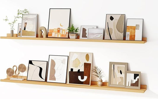 Floating Picture Ledge Shelves for Wall Set of 2, 55 Inches Picture Shelf with Ledge, Nursery Book Shelf for Toys Storage Kids Bookshelf Wall Mounted Living Room Bedroom Decor Frames, Oak-NeatNest