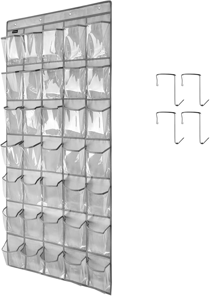 Clear Crystal 1 Pack 35 Pockets Large Hanging Shoe Organizer Over The Door Shoe Rack for Closet Door Storage Shoe Holder Hanger, 4Hooks, grey-NeatNest
