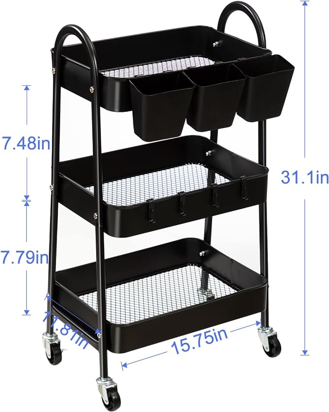 danpinera 3-Tier Rolling Cart, Metal Rolling Storage Cart with Lockable Wheels & Hanging Cups & Hooks, Mobile Trolley Cart for Kitchen, Bathroom, Office, Workshop, Black-NeatNest