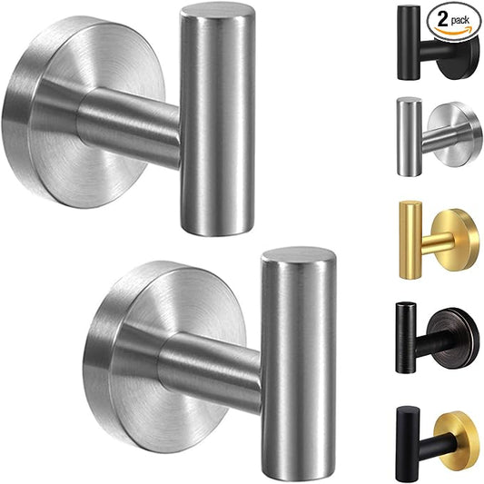 Kruodop Towel Hooks for Bathroom,2 Packs Wall Mount Towel Holder, Matte Wall Robe Hook,Stainless Steel Heavy Duty Door Hanger Towel Hook for Kitchen, Bedroom,Hotel,Pool,Coats, Silver