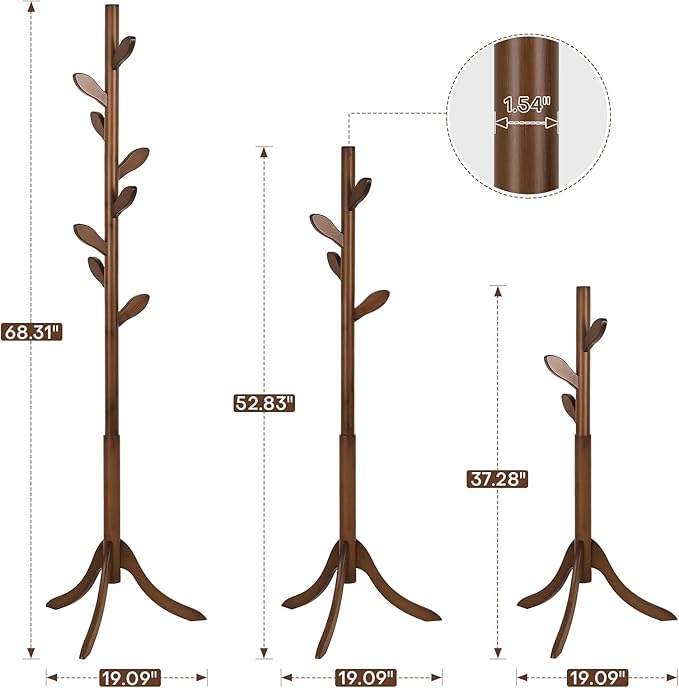 Coat Rack Freestanding Coat Tree Rack with 8 Leaf Hooks, 3-Size Height Adjustable for Adults and Younger, Clothes Hanger Stand for Jacket, Hat, Entryway, Hallway, Corner, Bedroom (Vintage Brown)-NeatNest