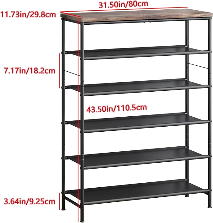 Shoe Rack Organizer 5 Tier Metal Organizer Shelf with Industrial MDF Board and Layer Fabric for Entryway Closet Bedroom Living Room Garage,Black & Rustic Brown (Black+Rustic Brown, 6 Tier)-NeatNest