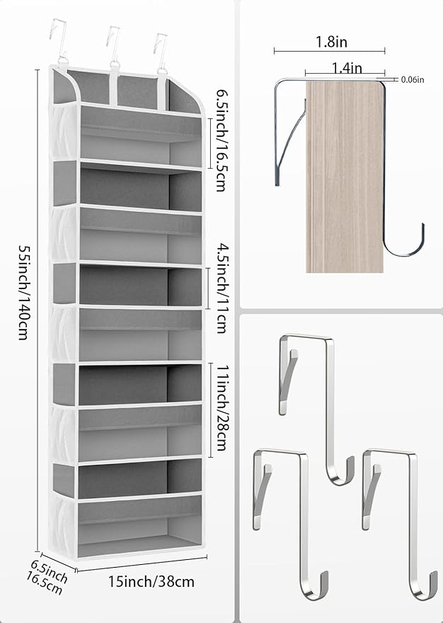 1 Pack Over The Door Storage Organizer with 5 Pockets 10 Mesh Side Pockets, 44 lbs Weight Capacity Door Hanging Organizers and Storage for Bedroom,Bathroom,Nursery,Pantry,Dorm(Light Gray)-NeatNest
