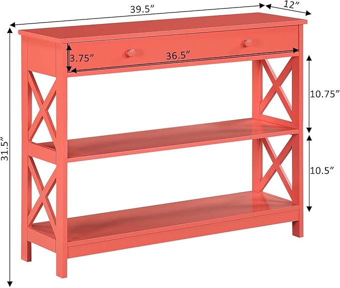 Convenience Concepts Oxford 1 Drawer Console Table with Shelves, Coral-NeatNest