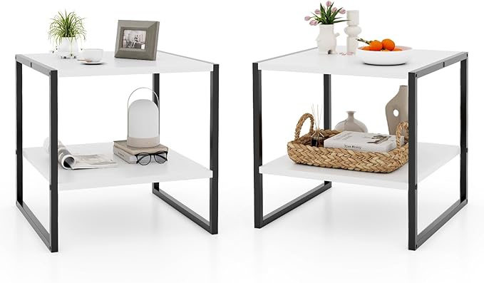 End Table Set of 2, Industrial 2-Tier Side Tables with Open Shelf, 20" Square Coffee Table with Heavy-Duty Metal Frame, Compact Tea Table Nightstand for Living Room, Bedroom, Hallway