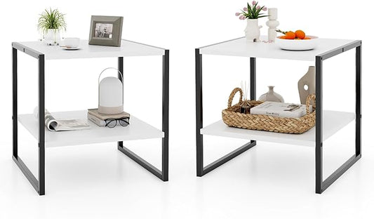 End Table Set of 2, Industrial 2-Tier Side Tables with Open Shelf, 20" Square Coffee Table with Heavy-Duty Metal Frame, Compact Tea Table Nightstand for Living Room, Bedroom, Hallway