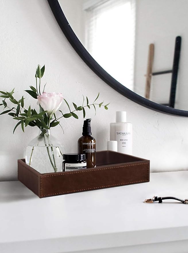 HofferRuffer Decorative Vanity Tray, Desktop Storage Organizer, Catchall Tray, Valet Tray, Nightstand or Dresser Organizer, PU Faux Leather Bathroom Tray, Brown, 10.2 x 8.4 x 1.8 inches-NeatNest
