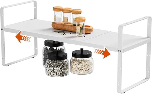 16.5-27’’L Expandable Cabinet Countertop Shelf Organizer, Stackable Metal Shelves, Kitchen Organizers and Storage, White Storage Spice Rack for Pantry and Cupboard-NeatNest