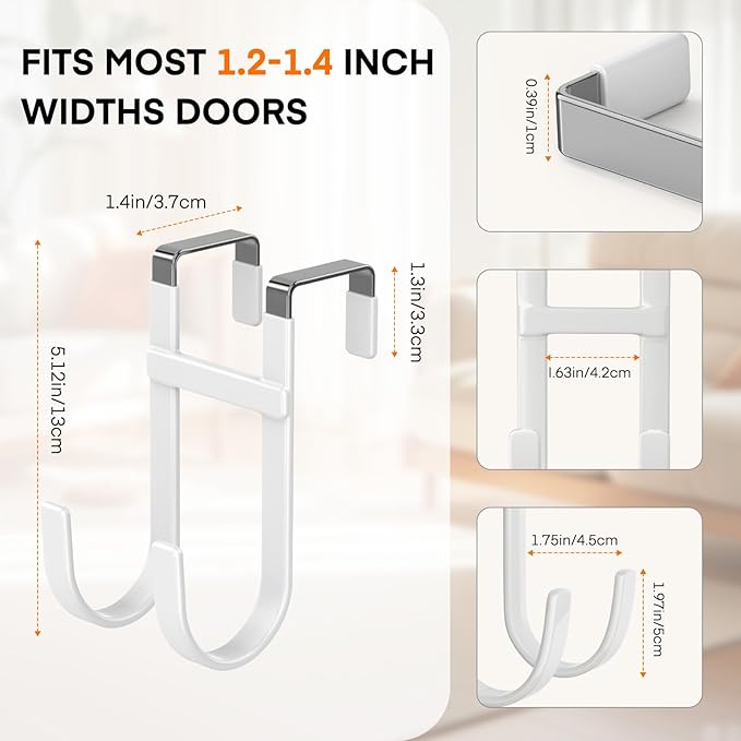 FYY Over The Door Hooks - 4 Pack Heavy Duty Dual-Hook Organizer Hanger with Non-Slip Rubber for Towels, Clothes, Hats & Bags Use in Bathroom, Bedroom, Kitchen - Fits Interior Doors Up to 1 3/8" White-NeatNest