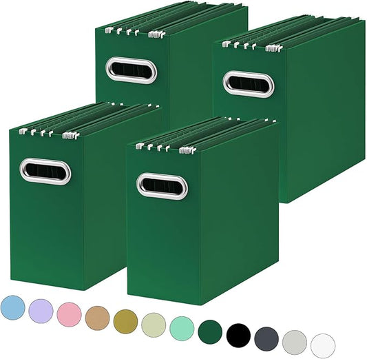 Oterri File Organizer, 4 Packs Small Storage Box, Cardboard File Folder Organizer, Collapsible File Box for Hanging File Folders Letter Size, Portable Filing Organizer with Handle (Dark Green)