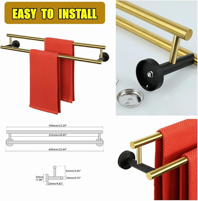 Alise Double Bath Towel Bars,24 Inch Towel Racks for Bathroom,SUS304 Stainless Steel Towel Holder,Towel Holder Wall Mount,Toilet Kitchen Towel Rod,Brushed Gold and Black Finish Towel Rail,GYT6902-GB