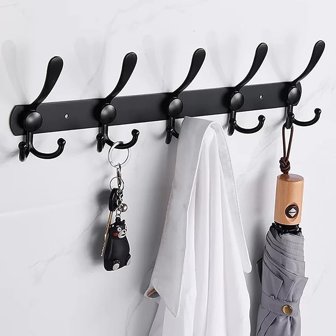 Coat Rack Wall Mounted,5 Tri Stainless Steel Coat Hook for Coat Hat Robes Towel in Mudroom Entryway (Black, 1 Pack 5 Hook)-NeatNest