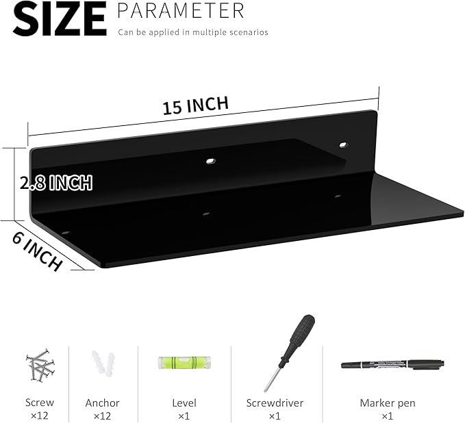 15 Inch Black Acrylic Wall Shelves 4 Pack, L Shape Floating Shelf, Corner Shelf, Perspex Wall Mounted Space Saver-NeatNest