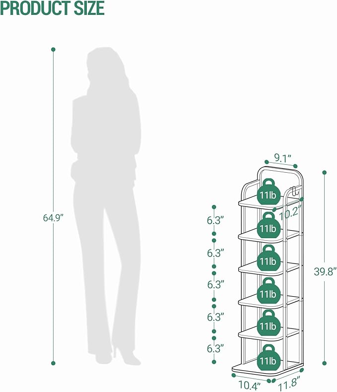 Vertical Shoe Rack, Shoe Shelves, Wood Shoe Organizer for Closet, Entryway, Shoe Tower for Small Spaces, Free Standing, Adjustable, with 2 Hooks, 6 Tier Black SR04204B-NeatNest