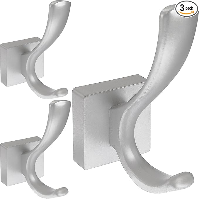 3 Pack Towel Holder for Bathroom Wall, Bath Towel Rack, Shower Holder, Robe Hook, Heavy Duty Coat Hooks for Entryway, Wall Mounted for Hanging Key, Hat, Backpack (Silver)