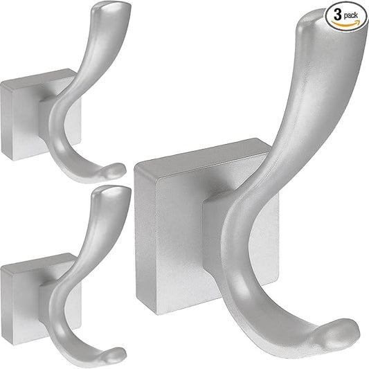 3 Pack Towel Holder for Bathroom Wall, Bath Towel Rack, Shower Holder, Robe Hook, Heavy Duty Coat Hooks for Entryway, Wall Mounted for Hanging Key, Hat, Backpack (Silver)