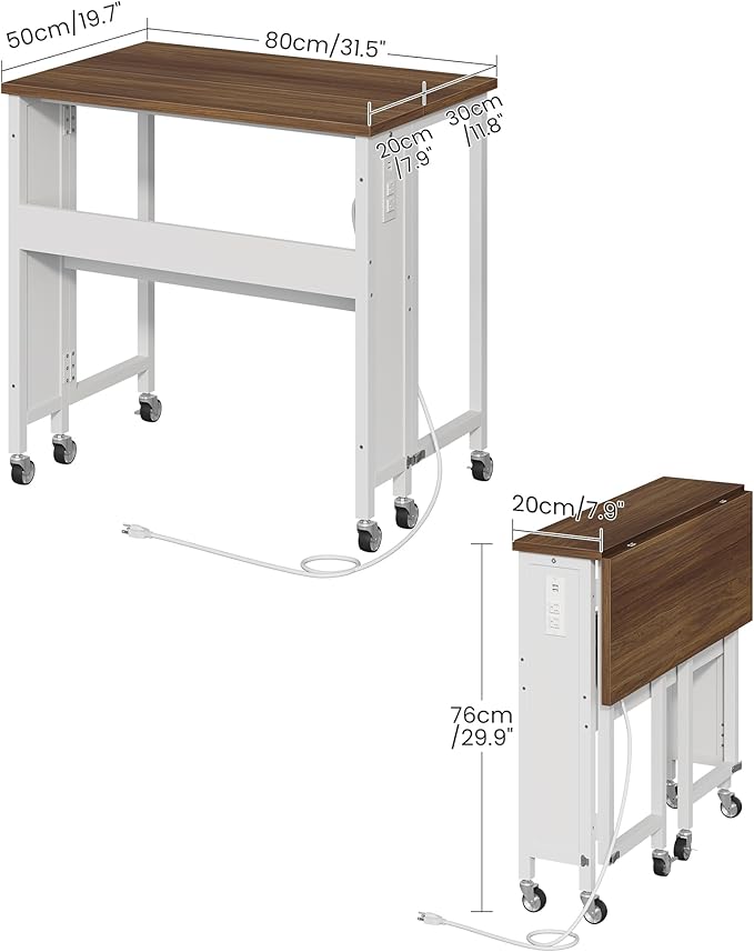 31.5" Modern Folding Computer Desk with Power Outlets, Wheels, Storage, Perfect for Small Spaces Rustic Brown and White TDN01UWL-NeatNest