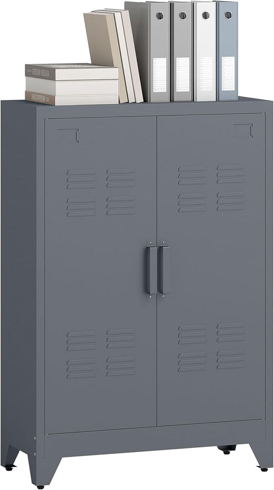 HOMCOM Industrial Storage Cabinet, Steel Garage Cabinet with Double Doors and Adjustable Shelves, Grey