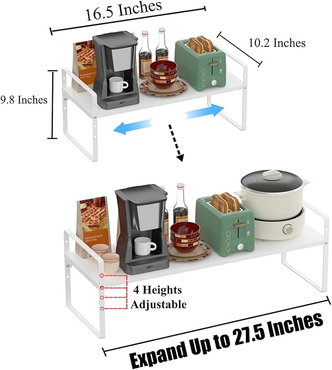 Expandable Kitchen Cabinet Shelf Organizers 3 Pack, Stackable Metal Pantry Storage Shelves Rack, Adjustable Counter Shelf for Cabinets, Countertop, Cupboard Organizers and Storage, White-NeatNest
