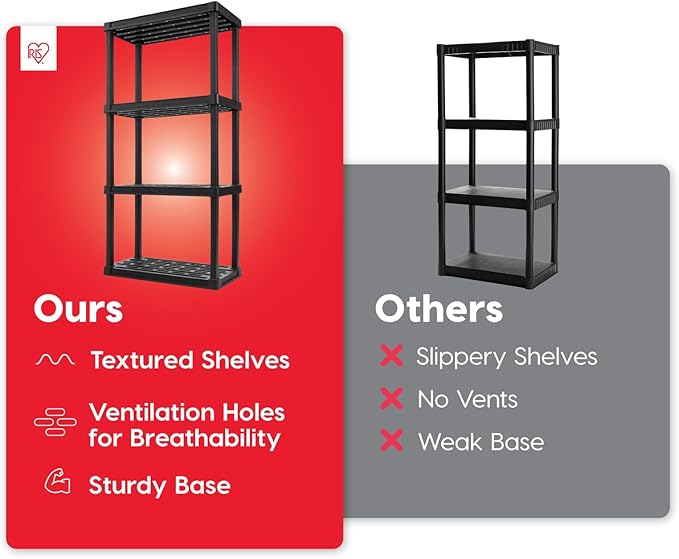 IRIS USA 4-Shelf Light Duty Plastic Storage Shelves, 200lb Capacity, 48"H x 24"W x 12"D, Medium Modular Shelving Unit Storage Organizer for Bathroom, Laundry, Garage & Home, Storage Rack - Black