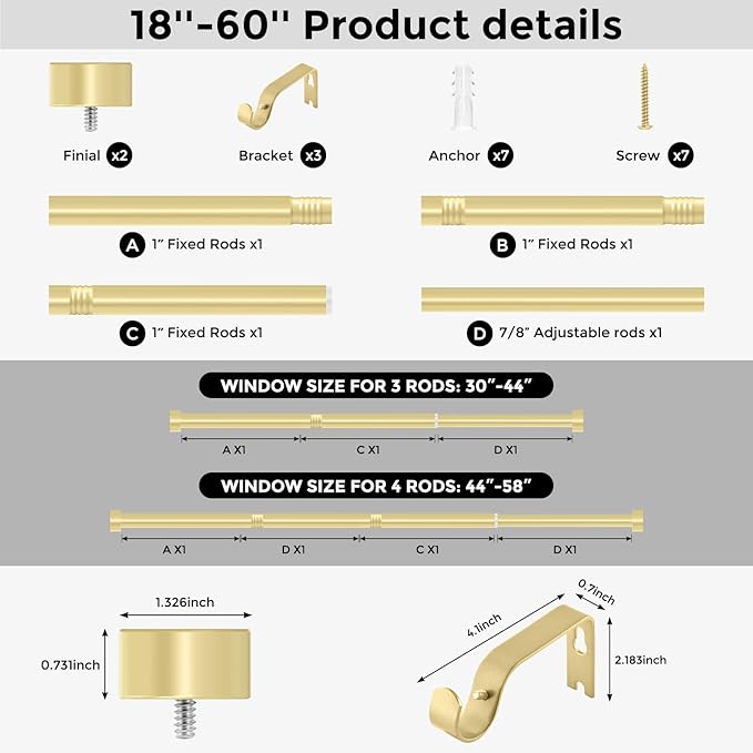 Gold Curtain Rods for Windows 28 to 48 Inch(1.5-5 Feet),1" Diameter Drapery Rods with Modern Style End Cap Finials,Size:30-60 Inch, Brass