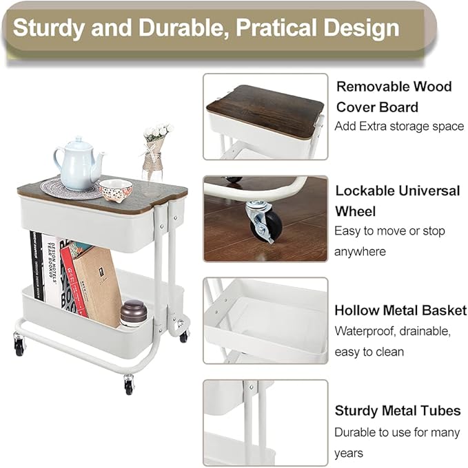 Melody House 2 Tier Metal Utility Rolling Cart Storage Organizer with Cover Board, Mobile Trolley Sofa Side Table with Wheels for Office Home Kitchen Organization, White
