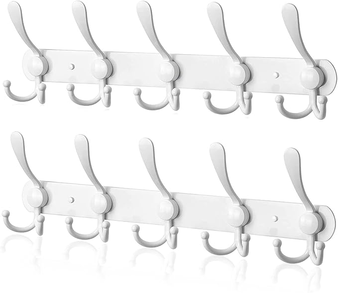 Coat Rack Wall Mounted,5 Tri Stainless Steel Coat Hook for Coat Hat Robes Towel in Mudroom Entryway (White, 2 Pack 5 Hook)-NeatNest