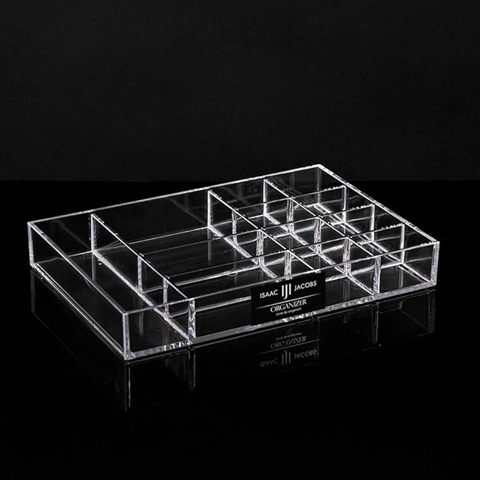 Isaac Jacobs 12-Compartment Clear Acrylic Drawer Organizer (9.4" L x 6.4" W x 1.3" H), Multi-Sectional Tray & Storage Solution for Makeup, School & Office Supplies, Bathroom, Kitchen-NeatNest