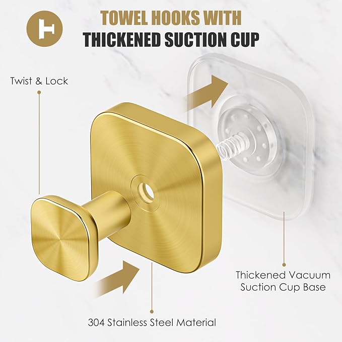 BKV Suction Cup Hooks for Shower,Heavy Duty Shower Hooks for Bathroom Wall,Glass Windows,Smooth Doors to Hang Towels,Robes,Coat,Reusable Suction Cup Wreath Hanger for Christmas Wreaths-Gold(2 Pack)-NeatNest