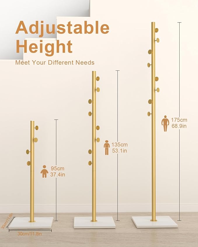 Coat Rack Freestanding, Small Standing Coat Tree with Heavy Rock Slab Base, Modern Metal Coat Hanger Stand with 8 Hooks, Garment Rack, 11.8 x 11.8 x 68.9 In, Gold, GYJ002WJ-NeatNest