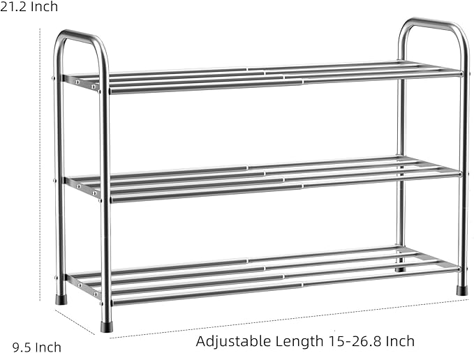 3 Tier Expandable Shoe Rack for Closet, Stainless Steel Shoe Shelf, Strong Weight Capacity Shoes Organizer, Easy to Install and Saving Space Standing Shelf with Sturdy Frame(3 Tier)-NeatNest