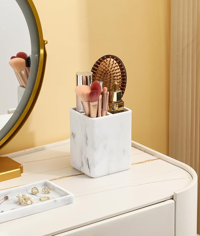 Luxspire Toothbrush Holders, 3 Slots Toothpaste & Toothbrush Holder for Bathroom, Resin Toothbrush Stand, Electric Toothbrush Holder with Drain Hole, Bathroom Organizer Countertop, Gravel White