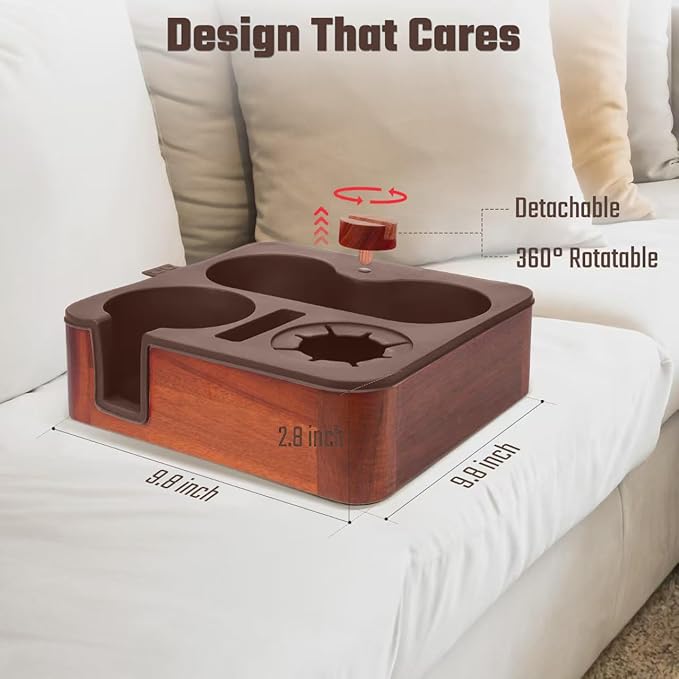 Couch Cup Holder Tray, Real Acacia Wooden Caddy with Soft Silicone, Snack and Drink Organizer- Perfect Movie Night Accessories for Bed, Remote and Cup Holders for Sofa (Coffee)-NeatNest