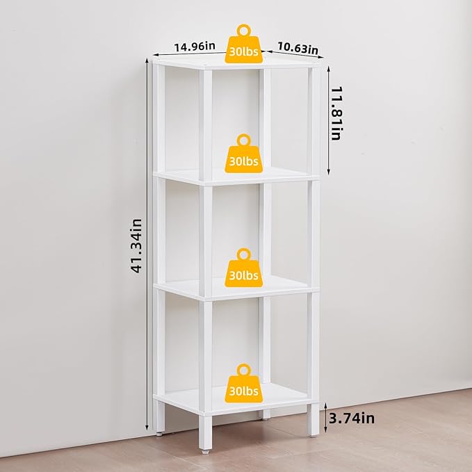 4 Tier Tall Wooden Bookshelf with Storage - Small White Bookcase for Small Spaces, Shelf for Living Room, Office, Bedroom, Kitchen - Industrial Modern Book Shelf