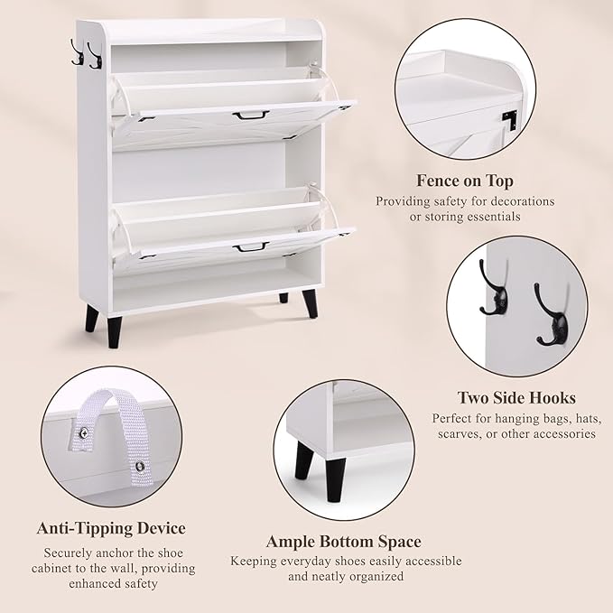 Shoe Cabinet Storage for Entryway - Narrow Shoe Storage Cabinet with 2 Flip Drawers, Farmhouse Shoe Organizer for Entryway Slim Hidden Shoe Rack Cabinet with Hooks for Hallway Foyer Garage-NeatNest