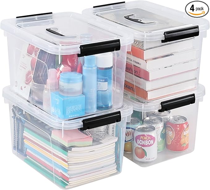 4-Pack 10 L Plastic Storage Bin with Handle, Clear Latching Container Box