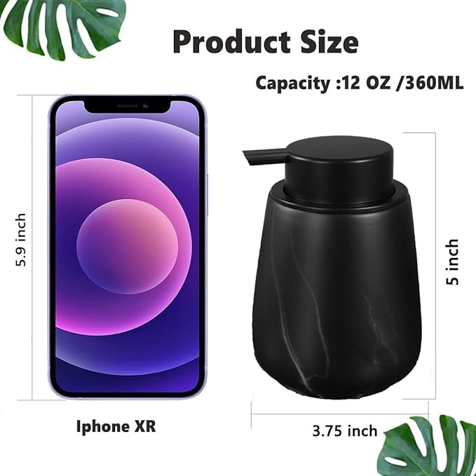 12Oz Ceramic Liquid Soap Dispenser - Modern Lotion Hand Soap Dispenser with Easy-to-Press Black Pump, Reusable and Refillable Dish Soap Dispensers for Bathroom & Kitchen, Marble Black-NeatNest