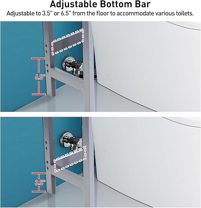 HITOMEN Over The Toilet Storage Cabinet, Bamboo Adjustable 3-Tier Above Toilet Shelf, Stable Freestanding Above Toilet Organizer with 3 Hooks for Bathroom Restroom Laundry Balcony, Grey 67" H