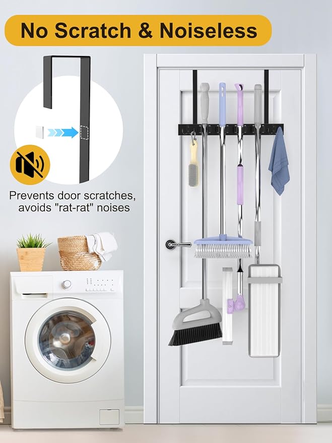 Broom Holder Door Mount, Over the Door Broom and Mop Holder, Drilling-Free Wood Mop Holder with 2 over Door Hooks, 4 Slots & 4 Hooks Rusticfor Garage, Closet, Laundry (Black)-NeatNest