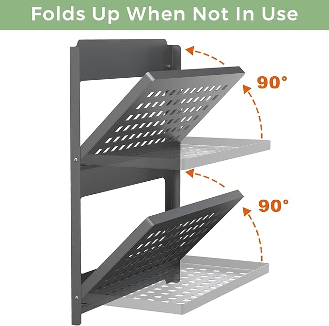 2-Tier Folding Metal Shelf Wall Mounted | Small Foldable Wall Shelf | Dorp Down | Combined Stackable | Double Layer Small Floating Shelf for Laundry Room Bathroom Utility RV | 13.4" (Black)