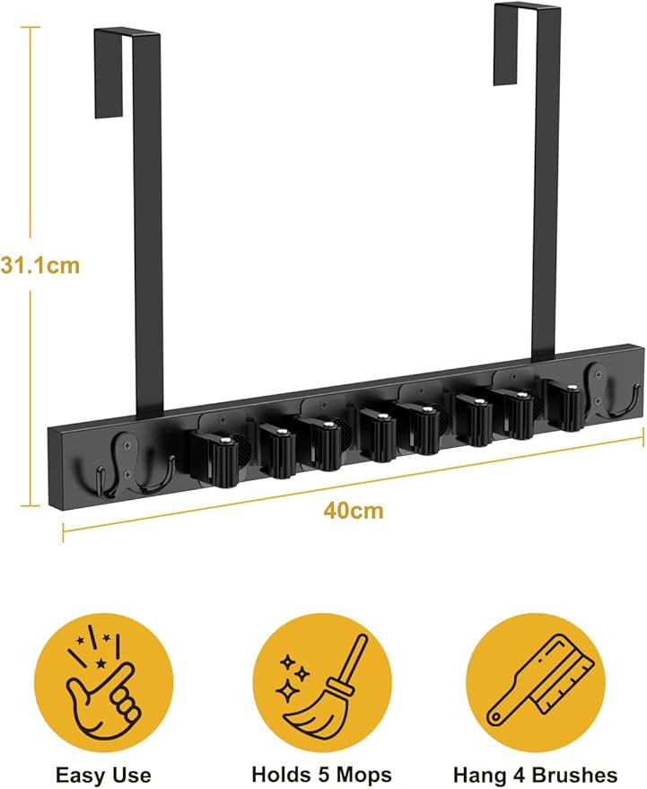 Broom Holder Door Mount, Over the Door Broom and Mop Holder, Drilling-Free Wood Mop Holder with 2 over Door Hooks, 4 Slots & 4 Hooks Rusticfor Garage, Closet, Laundry (Black)-NeatNest