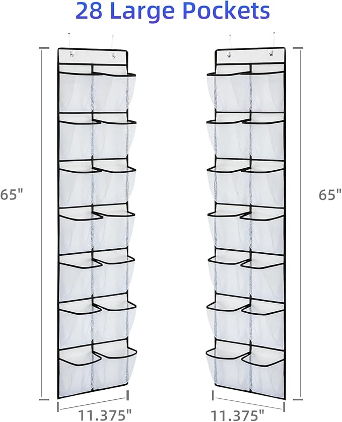 KEEPJOY Over the Door Shoe Organizer, Hanging Shoe Organizer with 4 Hooks, Shoe Holder with 14 Mesh Pockets Closet Door Shoe Storage Bag (White-2Pack)-NeatNest