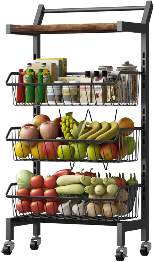 DGSNADGO Slim Rolling Storage Cart, 4-Tier Kitchen Cart on Wheels, Narrow Utility Cart with Handle and Wooden Tabletop for Small Space in Kitchen, Living Room, Bathroom, Laundry Room (Rustic Brown)
