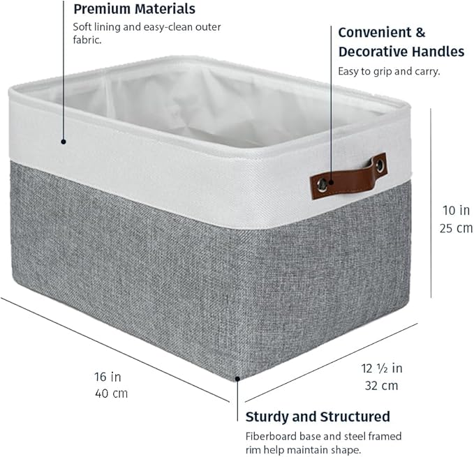 OrganiHaus Extra Large Fabric Storage Baskets for Shelves 3 Pack | 16x13in Closet Storage Bins for Shelves | Cloth Baskets for Organizing | Linen Closet Organizers | Fabric Storage Bin - Gray/White-NeatNest