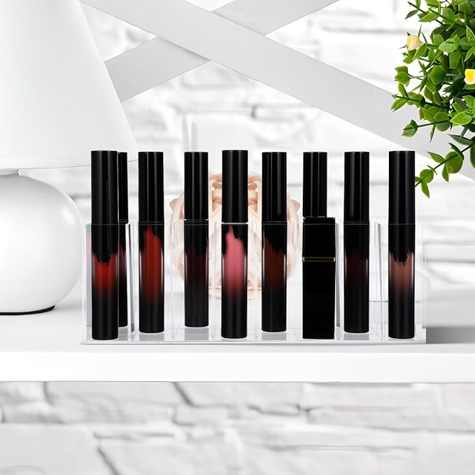 24-Slot Acrylic Lipstick Organizer - Transparent Makeup Storage Case for Lip Gloss Brushes and Cosmetics - Stylish Desktop Display Rack-NeatNest