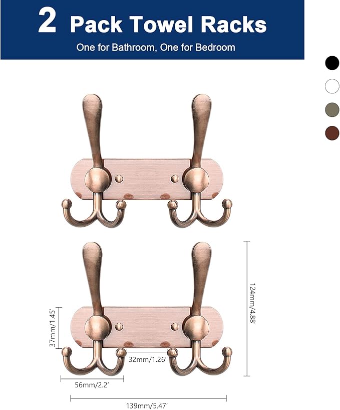 NearMoon Coat Rack Wall Mounted-2 Pack, Heavy Duty Bath Towel Hooks Stainless Steel Robe Hooks Holder, Metal Coat Hook for Towel Coat Hat Key Bathroom Bedroom Hotel Entryway (2 Hooks, Antique Copper)