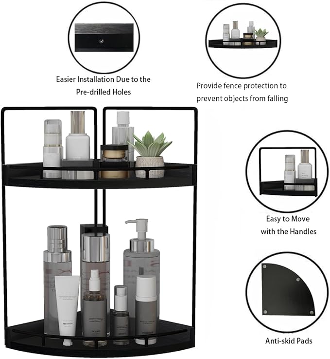 Dorhors 2-Tier Bathroom Counter Organizer,Vanity Counter Corner Shelf, Skincare, Wood Countertop Bathroom Storage and Organization for Kitchen (Black)-NeatNest